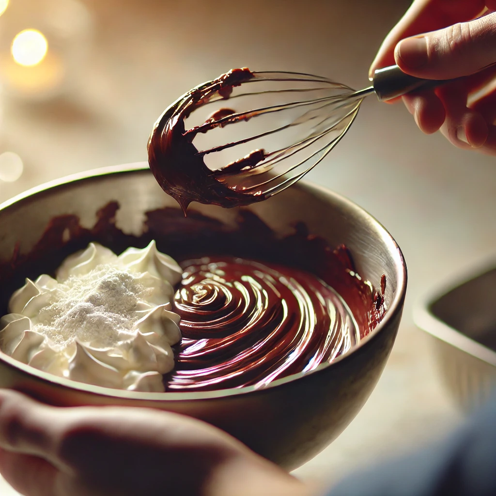 Mezcla de chocolate derretido con nata montada y azúcar glas en un bol, creando una textura cremosa y suave.