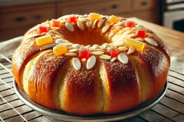 Roscón de Reyes horneado con decoración de frutas escarchadas y almendras en una rejilla de enfriado.