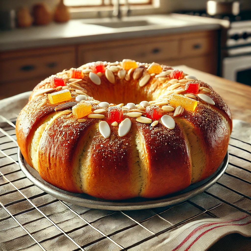 Roscón de Reyes horneado con decoración de frutas escarchadas y almendras en una rejilla de enfriado.