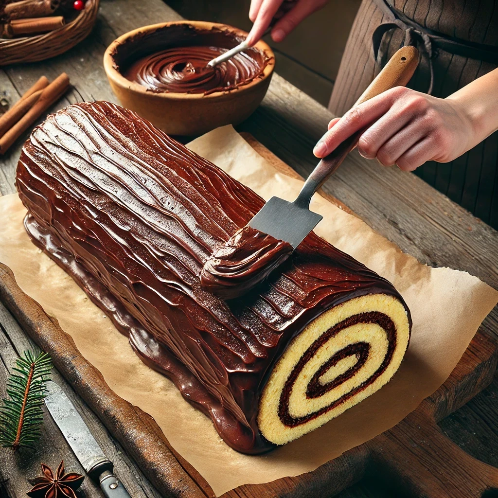 Cubierta de chocolate sobre el tronco de Navidad con textura de corteza.