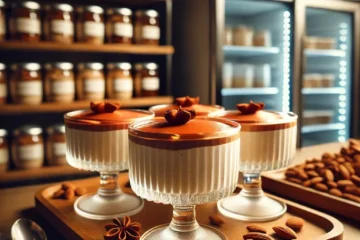 Mousse de turrón servida en recipientes individuales de cristal, decorada con almendras troceadas al ras del borde, sobre una bandeja de madera junto a un refrigerador.