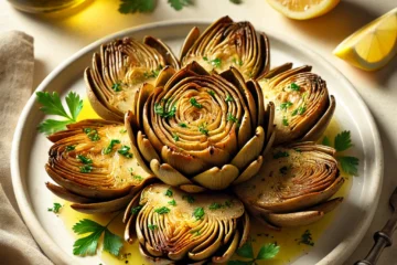 Alcachofas al horno servidas en un plato individual con hierbas frescas, rodajas de limón y un toque de aceite de oliva.