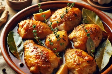 Pollo al ajillo andaluz servido en un plato rústico con salsa de vino blanco, decorado con laurel y tomillo cocidos.