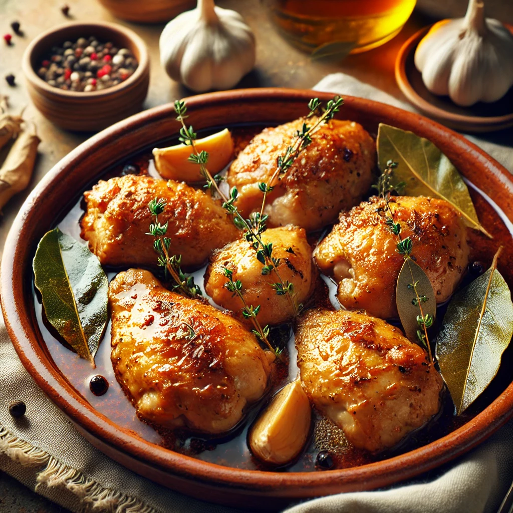 Pollo al ajillo andaluz servido en un plato rústico con salsa de vino blanco, decorado con laurel y tomillo cocidos.