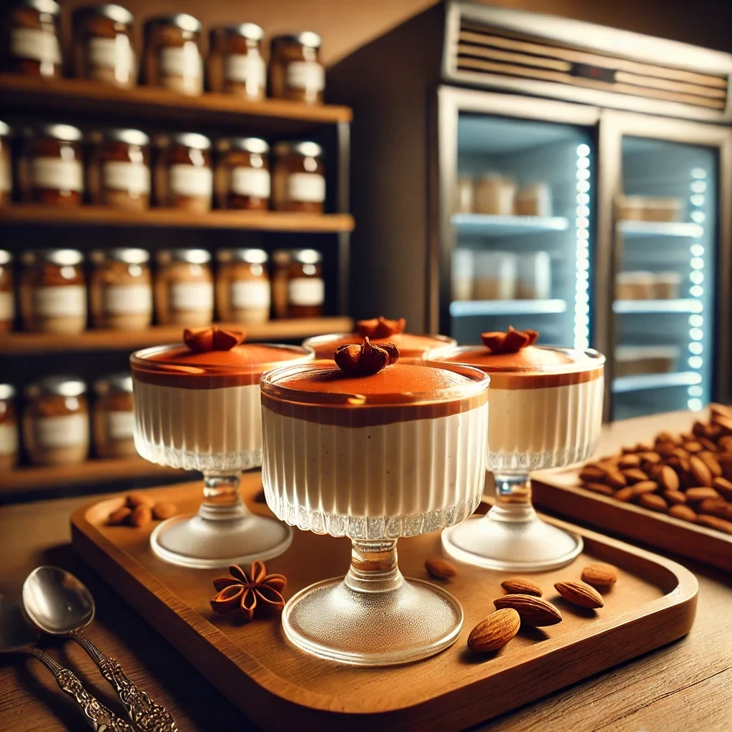 Mousse de turrón servida en recipientes individuales de cristal, decorada con almendras troceadas al ras del borde, sobre una bandeja de madera junto a un refrigerador.