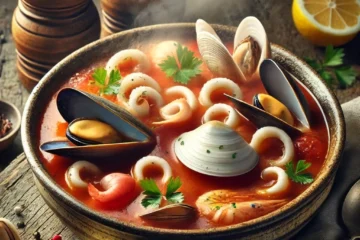 Plato de sopa de marisco servido caliente con gambas, mejillones, almejas y pescado, decorado con perejil fresco.