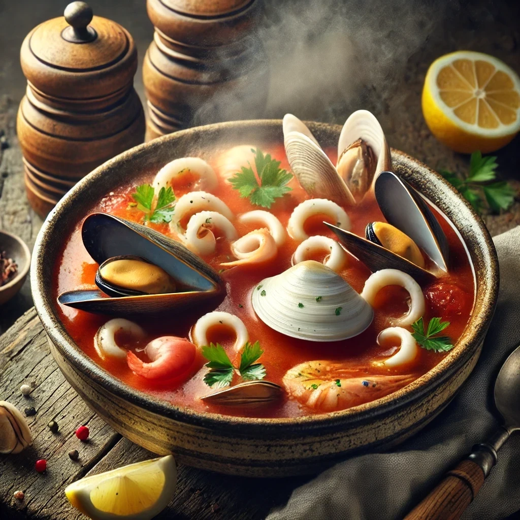 Plato de sopa de marisco servido caliente con gambas, mejillones, almejas y pescado, decorado con perejil fresco.