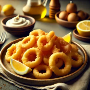 Anillas de calamares con un rebozado fino y crujiente, servidas en un plato de cerámica con limón y alioli.