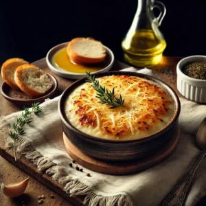 Un cuenco rústico con sopa de cebolla, coronado con pan tostado cubierto de queso gratinado dorado y burbujeante, servido sobre una mesa de madera con utensilios y un paño de lino al lado.