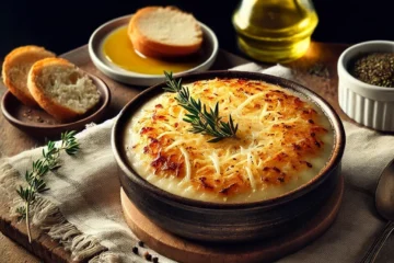 Un cuenco rústico con sopa de cebolla, coronado con pan tostado cubierto de queso gratinado dorado y burbujeante, servido sobre una mesa de madera con utensilios y un paño de lino al lado.