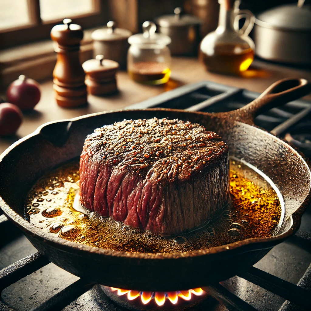 Redondo de ternera dorándose en una cazuela con aceite de oliva caliente, creando una costra dorada sobre un fuego en una cocina de estilo mediterráneo.