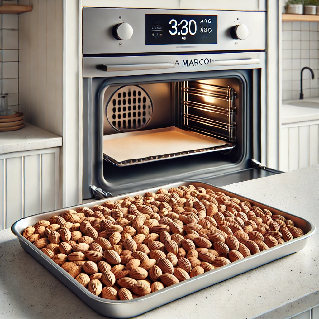 Almendras Marcona en una bandeja para horno antes de tostar