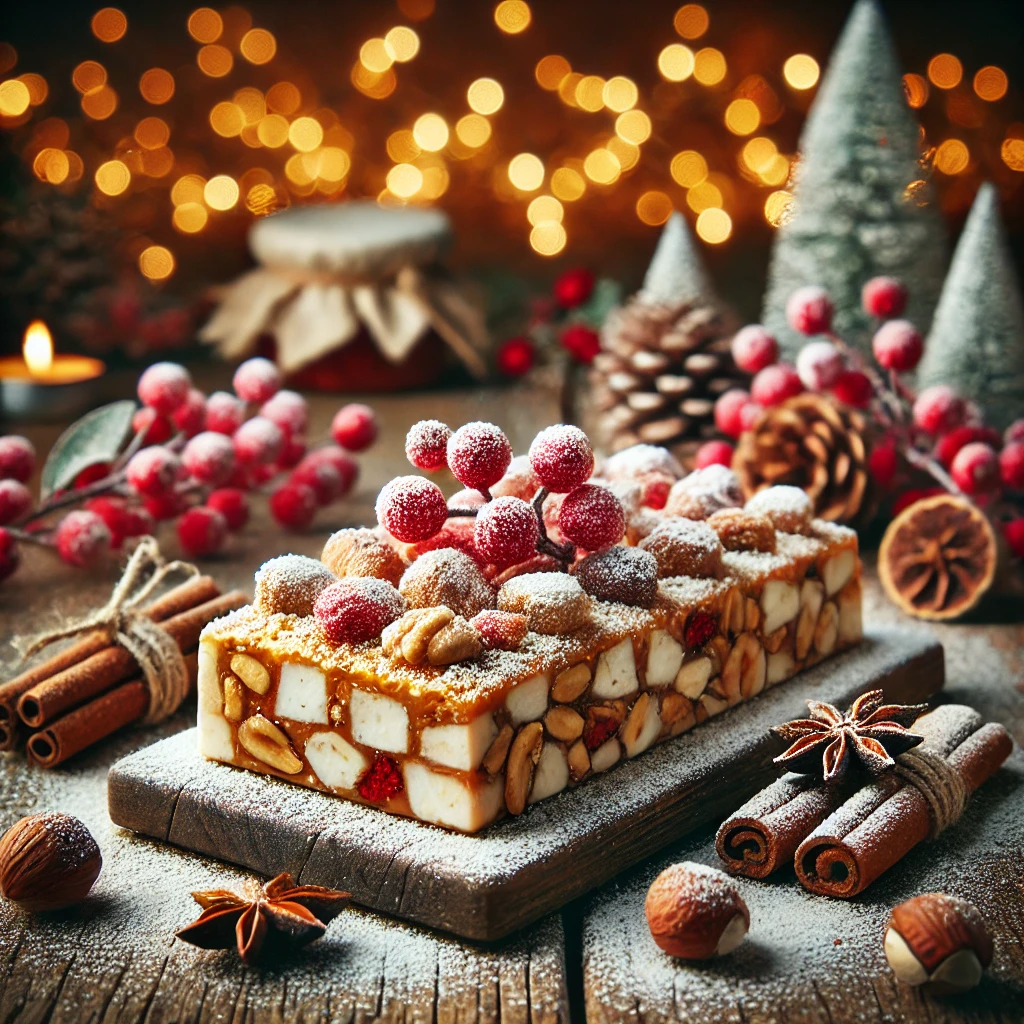 Alternativa del turron original de Jijona, con relleno de almendras y toffee y topping de frutos rojos