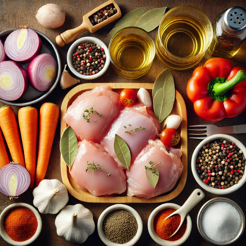 Ingredientes para hacer muslos de pollo en salsa: muslos de pollo, cebolla, ajo, zanahorias, pimientos, vino blanco, caldo de pollo, laurel, pimentón, tomillo, sal, pimienta y aceite de oliva.