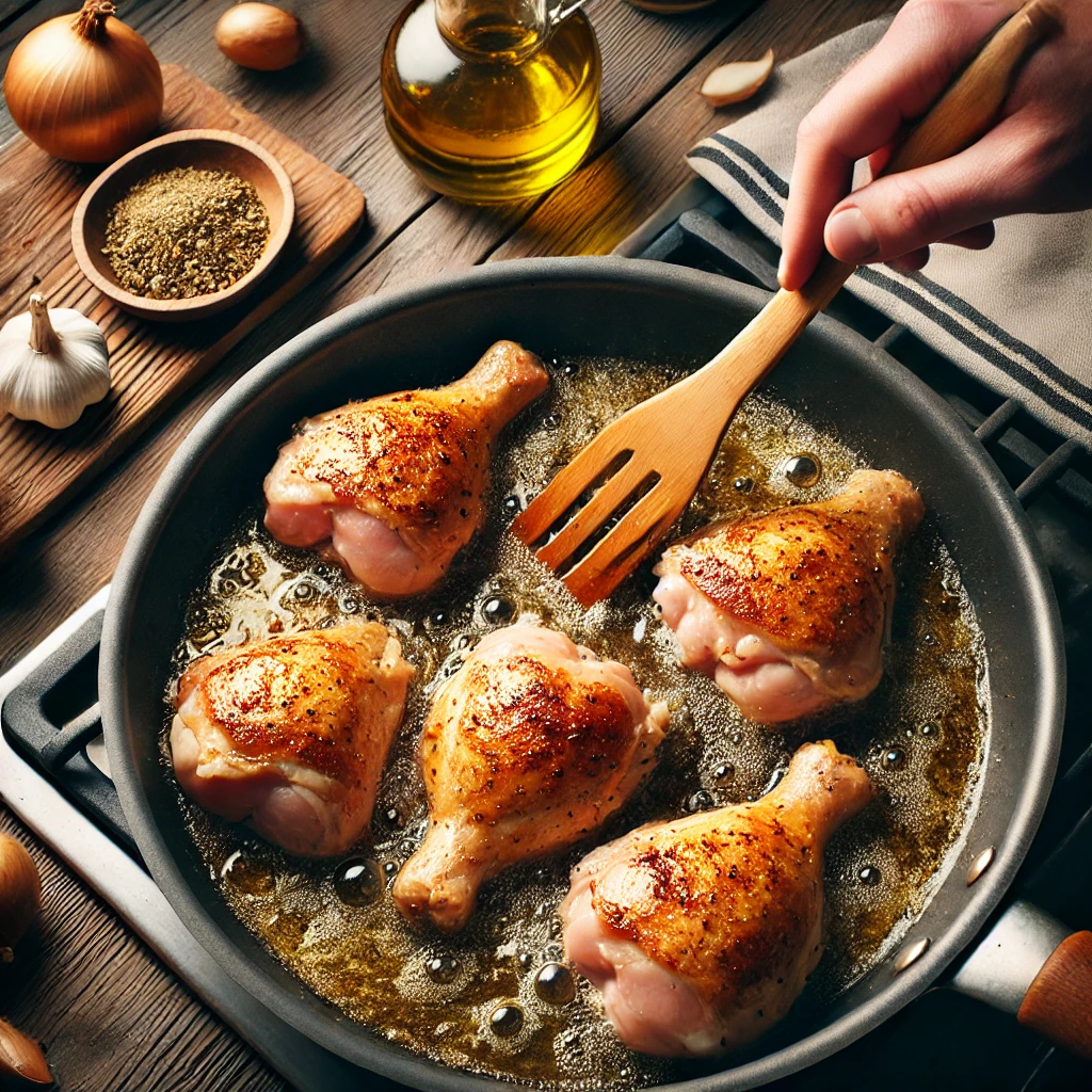 Muslos de pollo dorándose en una sartén con aceite de oliva. Se usa una espátula de madera para girarlos mientras adquieren un color dorado.