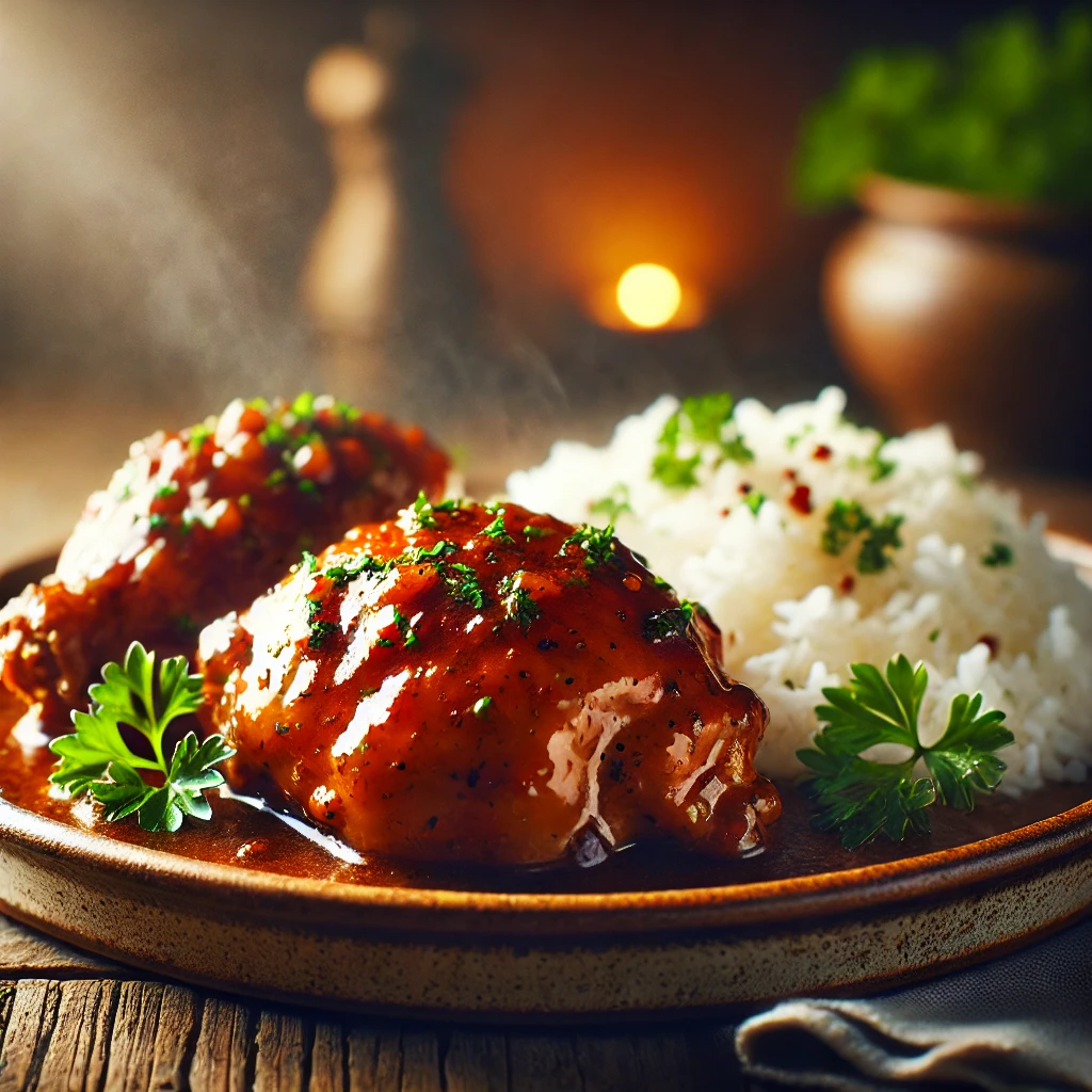 Muslos de pollo en salsa servidos con arroz blanco y decorados con hierbas frescas en un plato rústico.