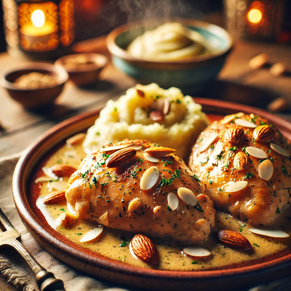 Muslos de pollo en salsa de almendras servidos con puré de patatas cremoso y decorados con almendras laminadas y hierbas frescas