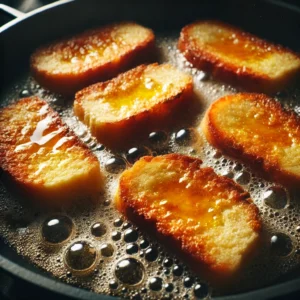 Torrijas tradicionales friéndose en una sartén con aceite caliente, dorándose.